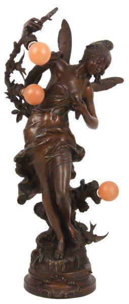 Lg. Louis Moreau Figural Newel Lamp: Lg. Louis Moreau Figural Newel Lamp. Titled “Messagere Du Printemps” – Messenger of Spring. The standing nude figure of a winged fairy partially covered in robes blowing in the wind; she stands 