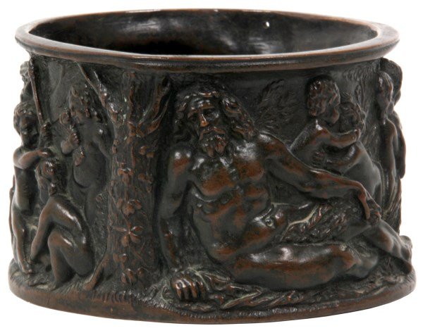 Tiffany Studios Bronze Brush Pot: Tiffany Studios Bronze Brush Pot. Relief decorated with a slightly oval form of man and a woman on opposite sides and each laying back against a tree surrounded by 16 figural playing putti; has a nice