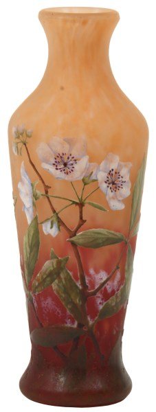 Daum Nancy Cameo Glass Vase: Daum Nancy Cameo Glass Vase. Reverse tapered vase form with a bottle neck and slightly flaring rim; saffron colored mottled background with cut and enamel painted clusters of small white flowers with