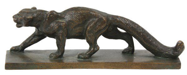 Signed Malvina Hoffman Figural Bronze: Signed Malvina Hoffman Figural Bronze. Figural bronze of a snow leopard with a long bushy tail and walking in a stalking position; signed “Malvina Hoffman” with copyright mark. 7 in. long.