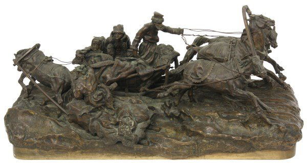 Grachev Russian Bronze Grouping: Grachev Russian Bronze Grouping. Vassili Yacovlevitch Grachev (1831-1905, Russian Federation), snow covered scene of a troika drawn by a team of 3 horses, passing a peasant in a sled riding in the opp
