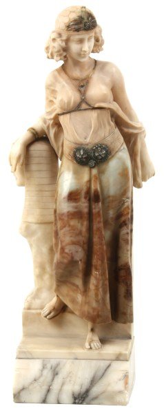 Carved Italian Alabaster Sculpture - Cleopatra: Carved Italian Alabaster Sculpture - Cleopatra. Standing figure of Cleopatra with beautiful painted highlights on her headdress and belt garment, carved in white alabaster with her dress carved in pol