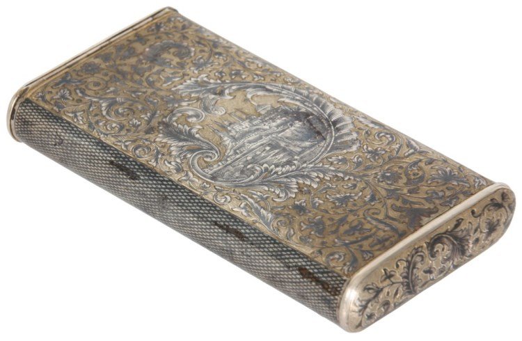 Russian Silver & Niello Cigar Case: Russian Silver & Niello Cigar Case. Beautiful engraved and niello filigree design with scenic center; has hinged lids at either end, one is an opening to store cigars and the other is a matchstick com
