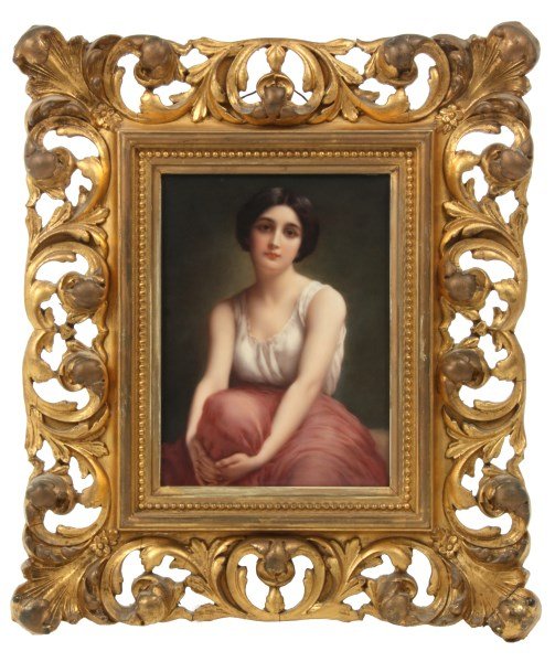 KPM Portrait Plaque Titled Contemplation: KPM Portrait Plaque Titled Contemplation. After Bouguereau, a portrait of a young seated woman wearing a white blouse and pink dress, her fingers are crossed in front of her as she braces her right kn