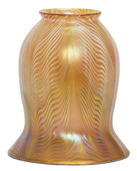 Quezal Gold Iridescent Pulled Feather Shade: Quezal Gold Iridescent Pulled Feather Shade. Wonderful artglass shade has a shallow 16 rib design with the ribs twisting slightly at the trumpeted rim, has a gold iridescent body with an opaque white 