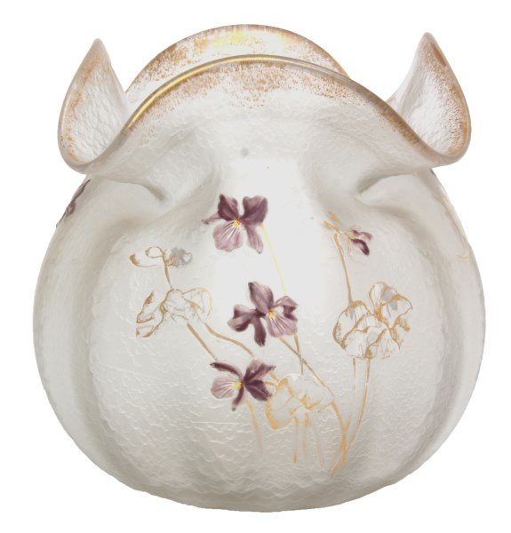 Lg. Mt. Joy Enamel Decorated Artglass Bowl: Lg. Mt. Joy Enamel Decorated Artglass Bowl. Large bowl form with a ruffled rim, has a textured exterior surface, gilt highlights on the rim, purple & gilt enamel violet floral highlights on the front