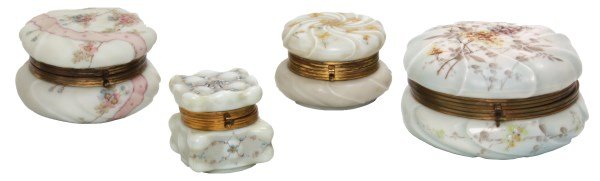 4 Wavecrest Opalescent Glass Dresser Boxes: 4 Wavecrest Opalescent Glass Dresser Boxes. 1) Small egg crate ring box with enamel floral decoration, missing silk liner, 3.25 in. high. 2) Round 4.5 in. dia. ring box with twisted ribs and yellow le