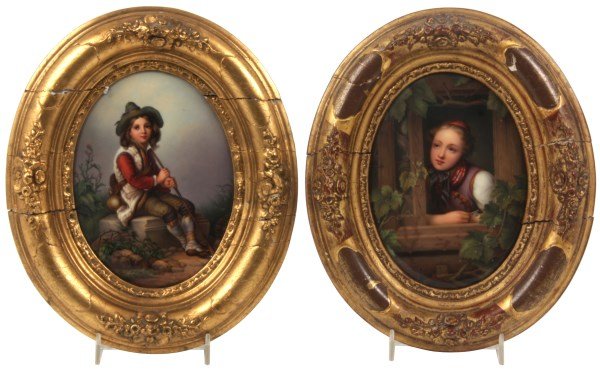 Pr. Oval KPM Painted Plaques: Pr. Oval KPM Painted Plaques. Plaques measure 7 in. high x 5 in. wide and are signed with “KPM” and scepter mark on the back. One image of a girl looking out of a window and holds a key in her han