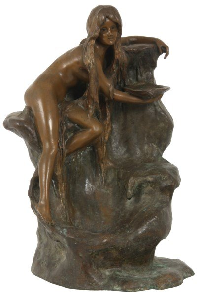G. Van Der Straeten Bronze Sculpture: George Van Der Straeten (1856-1928, Belgium) bronze sculpture of a nude girl at a well filling a tray with water. Figure has a light brown & medium brown patina with green. Signed on the back “Van D