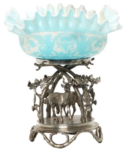 Pairpoint Silver Plated Figural Compote: Pairpoint Silver Plated Figural Compote. Silver plated base with arched oak branches, leaved and acorns shading a pair of figural gazelle stags; base is signed “Pairpoint Mfg. Co., New Bedford, Mass