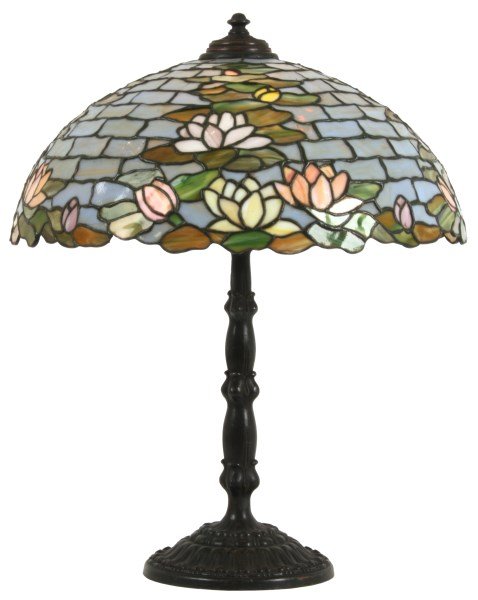 21 in. Wilkinson Water Lilly Table Lamp: 21 in. Wilkinson Water Lilly Table Lamp. Domical leaded shade has pale blue aqua panels resembling water with 4 splayed clusters of green lily pads having yellow, pink & white flowers and buds; shade 