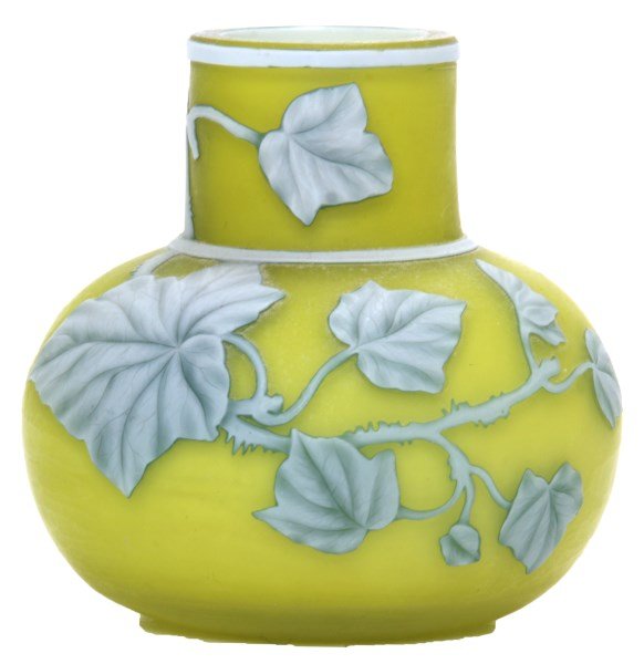 Attr: Thomas Webb Cameo Glass Vase: Attr: Thomas Webb Cameo Glass Vase. Cased glass vase with a yellow body, white cameo cut ivy leaf and vine pattern on the front with green highlights; unsigned, in excellent condition with no breaks c