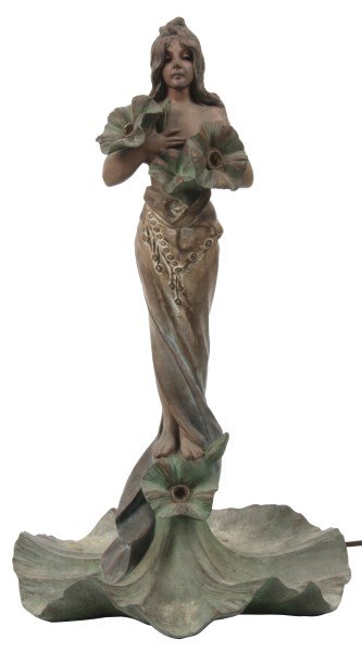 E. Villanis Nouveau Figural Lamp: Emmanuel Villanis (1858-1914, France) nouveau figural 3 light lamp. Standing spelter figure of a woman holding 3 flowers to her breast, her garments are hanging from her waist and she stands on a wide