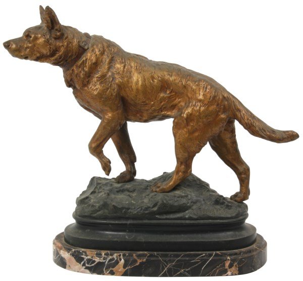 P. Lecourtier Figural Bronze Dog: Prosper Lecourtier (1855-1924) bronze figure of a dog, has a gold finish on the figure and brown-green finish on the base, stands on a black marble base. Signed “P. Lecourtier”, in good condition.