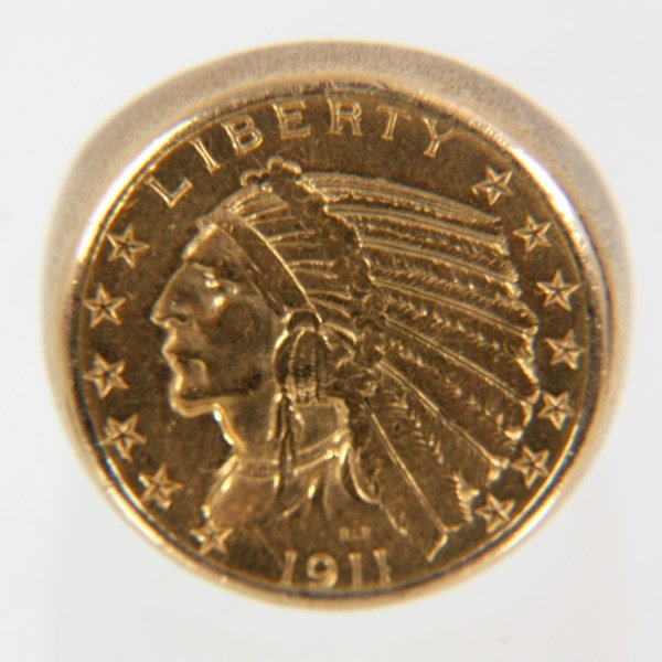 $5 Indian Head Gold Coin Ring: $5 Indian Head Gold Coin Ring. 14K marked yellow gold band with inset 1911 Indian Head Liberty $5 gold coin. Total weight 21.9g (0.77 oz).