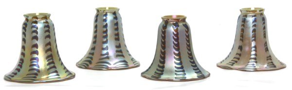 4 Attr: Loetz Artglass Shades: 4 Attr: Loetz Artglass Shades. Green opaque glass shades have a silvered iridescent exterior with 8 stripes in a blue and gold dotted pattern; unsigned. Shades are in excellent condition, on has 2 sma