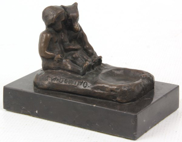 E.W. Deming Figural Bronze Tray: Edwin Willard Deming (1860-1942) bronze tray with figure of a boy and bear seated beside each other; on a marble base. Signed “E.W. Deming” and “Fenn Bronze” series number 28/100. 4 in. high x
