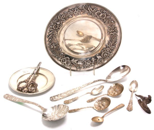 11 Pcs. Odd Sterling Silver: 11 Pcs. Odd Sterling Silver. S.Kirk & Sons, 6 Pcs., 10 in. tray, teaspoon, 2 berry spoons, 12 in. stuffing spoon & 9 in. serving spoon; 2 Reed & Barton teaspoons, London English Sterling figural pheas
