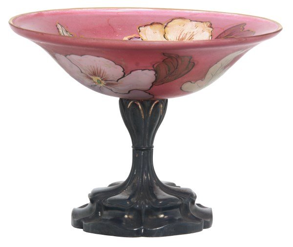 Pairpoint Silver Plated Taza: Pairpoint Silver Plated Taza. Glass bowl top is reverse painted and obverse gilt outlined with flowers and filigree; has a leafy silver plated base signed “Pairpoint Mfg. Co., New Bedford, MA – B-