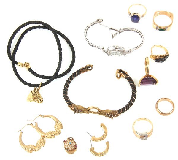 Odd Lot of Gold Jewelry: Odd Lot of Gold Jewelry. 1) 2 Pr. costume earrings, 2) marked 14K white gold Hamilton ladies wristwatch with diamonds, 3) unmarked 14K dark blue sapphire & diamond ring, 4) marked 14K gold & diamond b