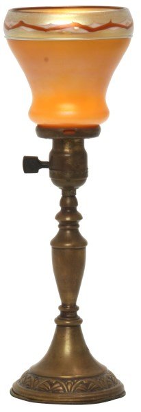 Steuben Tel el Amarna Shade w/ Base: Steuben Tel el Amarna Shade w/ Base. Deep gold iridescent shade with a threaded band and Tel el Amarna decorated border; shade is in excellent condition, no chips or breaks, signed with Steuben fleur