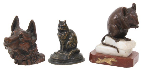 3 Figural Animal Miniature Bronze Figures: 3 Figural Animal Miniature Bronze Figures. Figure of a mouse, standing on 2 pieces of cheese formed in milk glass and a rouge marble base, signed “Valton”, 4 in. high. Bronze figure of a cat seate