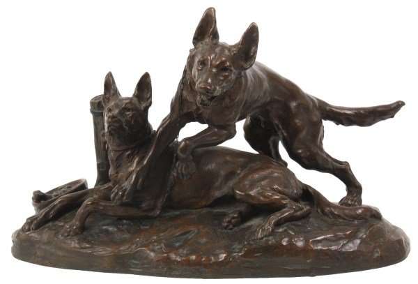 P. Varnier Bronze Grouping – Two Dogs: Attr: Pierre Henri Léon Varnier (1826 - 1890) bronze grouping of 2 dogs, both are chained to a stump with one lying down and the other standing up barking, a food bowl is on the ground beside them; h