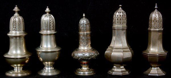 5 Sterling Silver Muffineers: 5 Sterling Silver Muffineers. Beautiful sterling silver muffineer powder sugar shakers with domical pierced tops having turned finials. 1) London, England, sterling, attr: Richard Comyns, 6.5 in. high