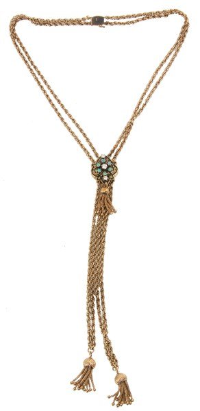 14K Gold Victorian Slide Chain Necklace: 14K Gold Victorian Slide Chain Necklace. Beautiful marked 14K gold double chain necklace with tasseled ends; has a marked 14K gold center cluster with niello decoration, hanging tassel, 6 prong set op
