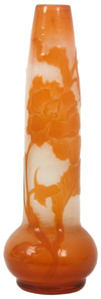 French Cameo Cut Glass Vase: French Cameo Cut Glass Vase. Fire polished orange peony flower, leaf and branch pattern on a frosted clear background; has a tall rounded tapered cylindrical neck with a bulbous base. Inscribed signat