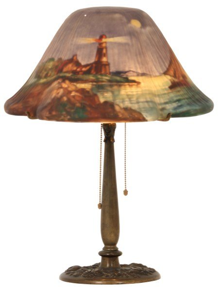 14 in. Pairpoint Reverse Painted Table Lamp: 14 in. Pairpoint Reverse Painted Table Lamp. Ribbed linen fold textured Vitoli style shade is reverse painted with a colorful harbor scene of sailing ships and a light house along the shore line, in g