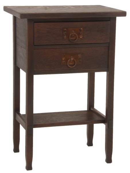 Stickley Brothers 2 Drawer Stand: Stickley Brothers 2 Drawer Stand. Overhanging top with 2 drawers below, copper ring pulls with 6 rivets in the back-plate, lower stretcher with through tenon construction and carved feet. Unsigned, in