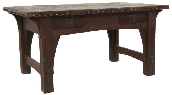 Gustav Stickley No. 409 Library Desk: Gustav Stickley No. 409 Library Desk. Original leather top has brass tacks around the edge, 2 drawers with Gustav Stickley “Chips’ style hammered copper pulls on the 2 drawers and a “V-cut” ap