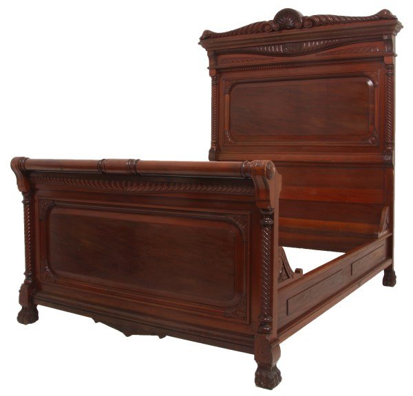 Carved Mahogany Claw Foot Bed: Carved Mahogany Claw Foot Bed. Seashell carved crest with gadrooned side carvings, overhanging top with carved frieze, gadrooned trim carvings, spiral turned half columns, beveled back panels with sea