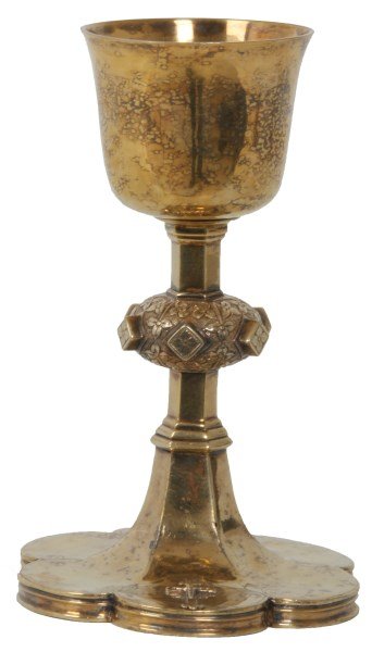 Dated 1674 Gold Plated Chalice: Dated 1674 Gold Plated Chalice. Has a 6 point scalloped foot with an hexagonal stem having a filigree decorated ellipsoidal knob in the center, the bowl has an invert bell form; mounted on the foot wi