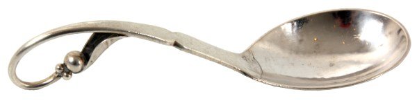 George Jensen Pea Pod Jam Spoon: George Jensen Danish Sterling Silver No. 21 Pea Pod Pattern Jam Spoon. Has a hammered bowl with fancy handle looping at the end with pea and pea pod design. Signed with Jensen "G.J." in a box hallmark