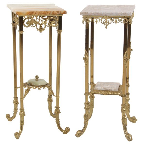2 Brass Stands w/ Marble & Onyx Top: 2 Brass Stands w/ Marble & Onyx Top. 2 Tier stand has a square top and lower tier with a polished gilt brass finish, pierced decorated apron and fancy curled feet, top marble tier measures 12 in. x 12