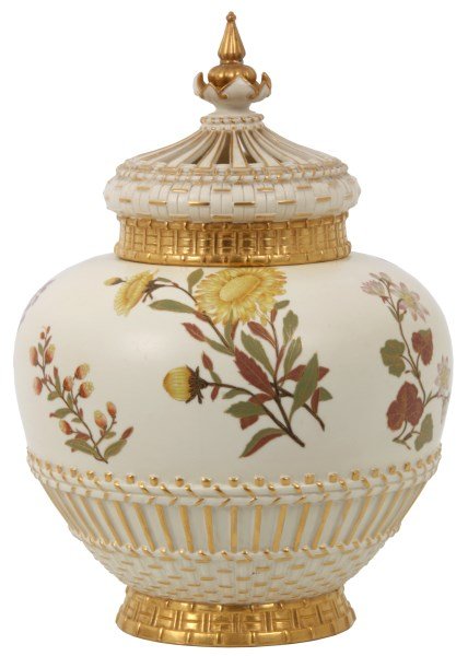 Royal Worcester No. 1286 Potpourri Jar: Royal Worcester No. 1286 Potpourri Jar. Bulbous vase form relief decorated at the base resembling a woven basket with gilt highlights, the body is painted with colorful floral & filigree clusters havi