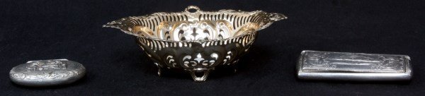 3 Pcs. Odd Silver: 3 Pcs. Odd Silver. 1) Signed Gorham pierced decorated sterling silver dish, 2 in. high x 5.75 in. wide x 4.5 in. deep. 2) Dutch repousse decorated oval silver pill box with figural interior scene on t