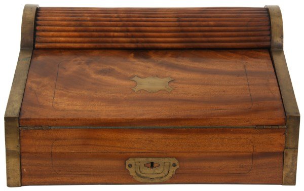 Unusual Roll Top Mahogany Lap Desk: Unusual Roll Top Mahogany Lap Desk. Dovetailed construction under brass straps, has an inlaid brass escutcheon on the lid and inset hinged handle on the lower drawer; the roll top section opens mechan