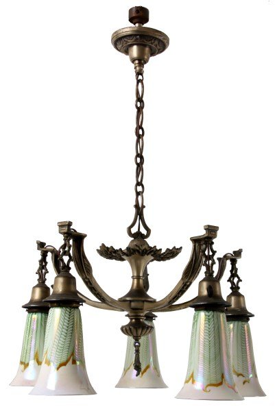 5 Light Fostoria Chandelier: 5 Light Fostoria Chandelier. 5 arm spelter hanging fixture has deco and filigree design with a pendant finial on a long chain with ceiling canopy, fixture has a nice pewter toned finish. 5 shades att: