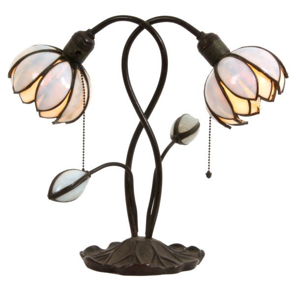 Handel Double Water Lily Table Lamp: Handel Double Water Lily Table Lamp. Iron base is relief decorated in the form of a lily pad with raised edges, has 4 stems branching up and twisting around each other, 2 have 4 panel glass closed flo