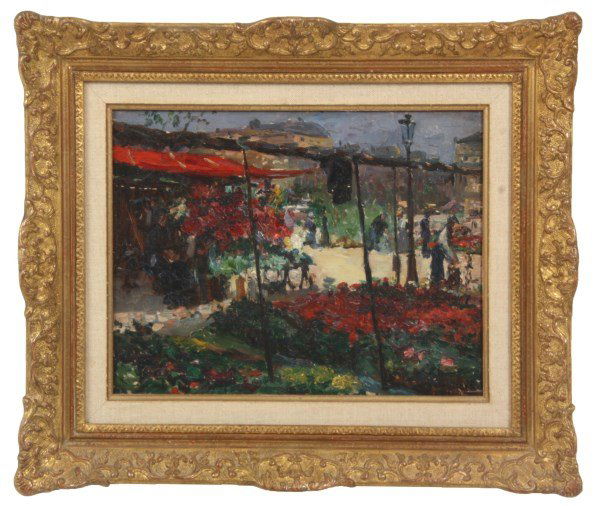 George Binet O/P Flower Market: George Binet O/P Flower Market. George Jules Ernest Binet (1865-1949, France) oil painting on wood panel of a flower market with deep shades of red and green flowers under market tents, standing figur