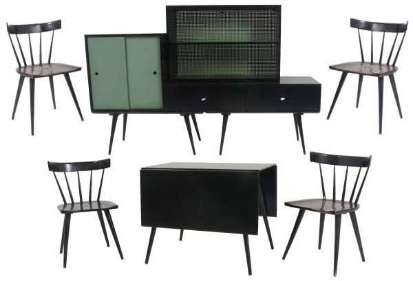 11 Pc. Paul McCobb, Winchendon Dining Set: 11 Pc. Paul McCobb Designed Winchendon “Modern” Dining Set. Signed with a paper labels reading “Winchendon Modern, No.” with model numbers 1500 on the drawers, 1516 on the open bookcase and 15