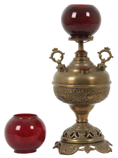 Union Ratchet Oil Font Cigar Lighter Lamp: Union Ratchet Oil Font Cigar Lighter Lamp. Unusual brass base with pierced decorated foot, has a repousse filigree decorated font, original burner is signed on the thumb-wheel “Union Ratchet” and 