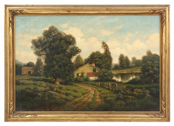 George W. Drew O/C Homestead Landscape: George W. Drew (1875-1968, New York) oil on canvas homestead landscape painting; a dirt road lined with a fence, tall summer trees shade the home with a pond to the right and shed to the left. In good