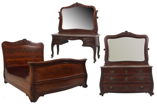 3 Pc. Mahogany Queen Size Bedroom Set: 3 Pc. Carved Mahogany Marble Top Queen Size Bedroom Set, Signed Coffin. Bed has a filigree carved crest with large mahogany inset panels, footboard has acanthus leaf carving on the corners above the f
