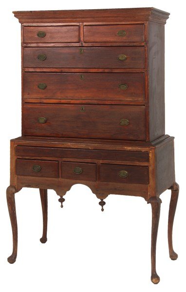 Early American Ash Queen Anne Highboy: Early American Ash Queen Anne Highboy. Early hand dovetailed construction, 2 drawers over 3 drawers in the top, long hidden drawer over 3 drawers in the base, carved apron with turned teardrop finials