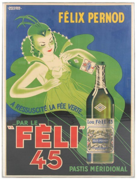 Vintage Felix Pernod Feli 45 Poster: Vintage Felix Pernod Feli 45 Poster. French poster by Reaymond Ducatez, colorful image depicts a French woman pouring a bottle of Pernod and has a large bottle in the foreground; reads “A Ressuscite