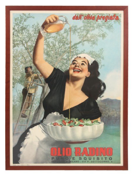 Vintage Olio Radino Advertising Poster: Vintage Olio Radino Advertising Poster. Italian poster created by Gino Boccasile, in the foreground a woman stands pouring olive oil over a bowl of salad she is holding, in the background a man stands